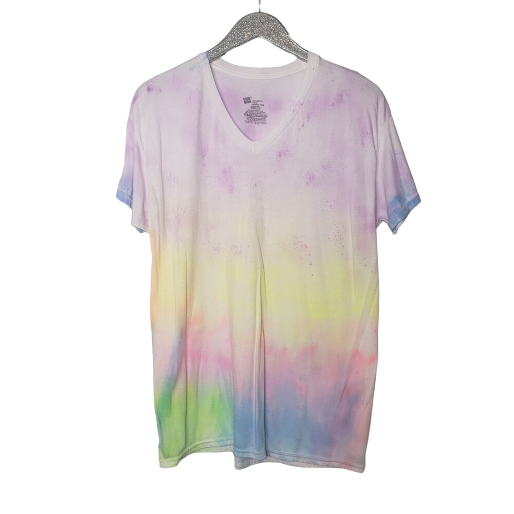 Hanes V Neck White T Shirt with Rainbow Tie Dye Size Large